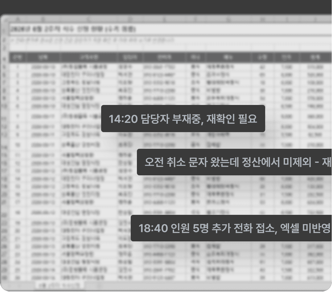 메모가 덕지덕지 붙은 엑셀 식수 집계표
