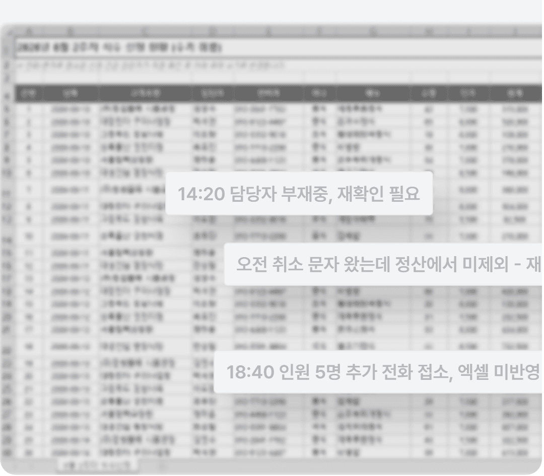 메모가 덕지덕지 붙은 엑셀 식수 집계표